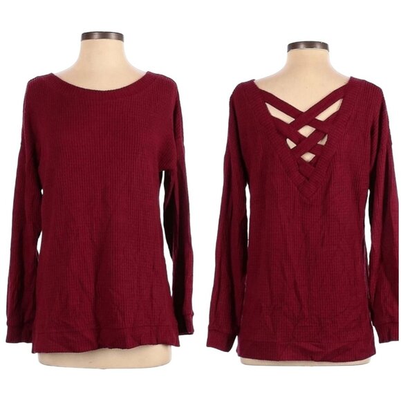 1 STATE Womens Waffle Knit Top Crisscross Back Detail Long Sleeve Size Medium - Picture 1 of 9